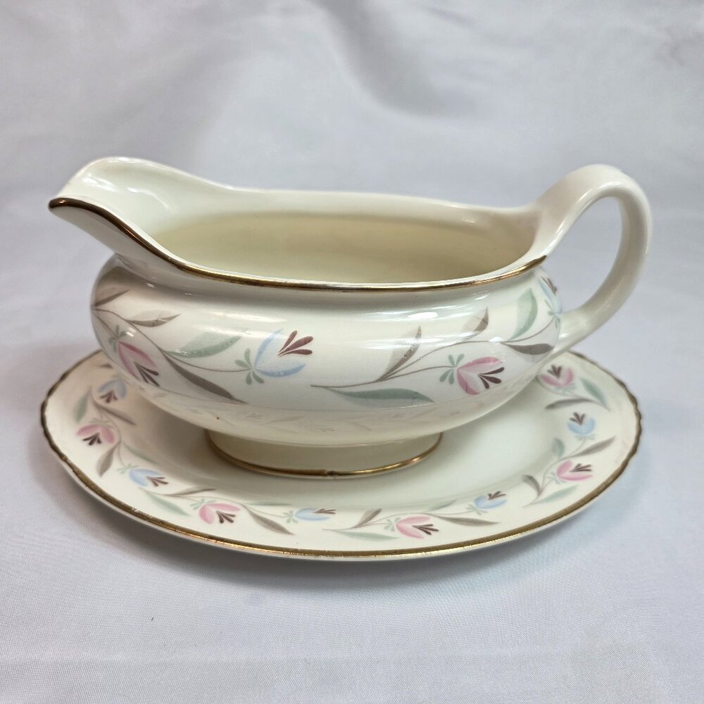 Homer Laughlin Nantucket Gravy Boat with Underplate Pink & Blue Flowers